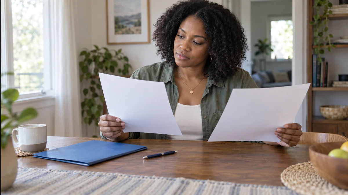 A woman compares blank white sheets beside a blue folder at a home dining table.